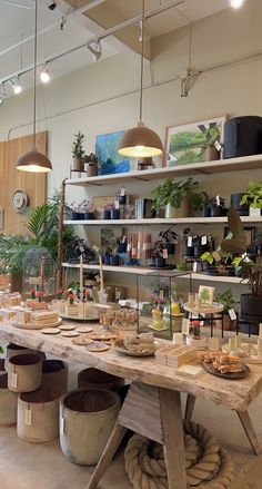 a wooden table topped with lots of potted plants next to shelves filled with pots