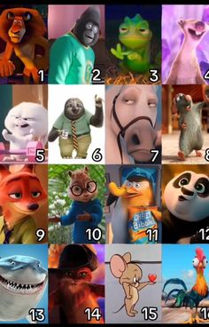 many different cartoon characters are shown in this image with the same character and numbers on them