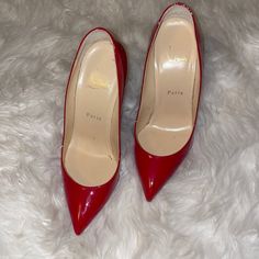 Worn A Few Times Size 38.5 Red Patent Leather Heels With Sculpted Heel, Classic Red Heels With Reinforced Heel, Classic Red Heels With Red Sole, Classic Red Heels With Pointed Toe, Luxury Red Pointed Toe Court Shoes, Formal Red Heels With Red Sole, Designer Red Heels With Sculpted Heel, Classic Red High Heels, Designer Red Heels With Deep Heel Cup