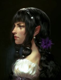 a painting of a woman with long black hair wearing a white dress and purple flower in her hair