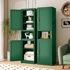 a green bookcase in the corner of a living room