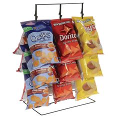 five bags of chips hanging on a rack