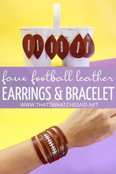 a hand holding a football leather bracelet with the words faux football leather earrings & bracelet on it