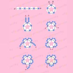 a pink background with blue and white circles in the shape of arrows, on top of each other