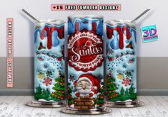 three soda cans with santa claus on them in front of a white wall and floor