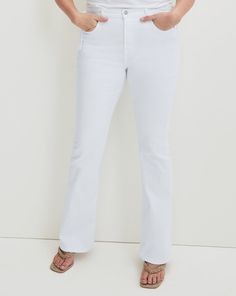 In our fresh white wash, the Beverly jean features a high-rise waist that is fitted through the hips and thighs with a subtly flared leg. High quality stretch denim offers a flattering look with a flexible fit. Tuck in any of our tops and add sky-high heels for an elongating silhouette. Chic White Wide Leg Flares, White Chic Wide Leg Flares, White Wide Leg Flares For Spring, High Rise White Flares For Spring, High Waist White Flares For Spring, Trendy White Spring Flares, White Stretch Flare Jeans For Spring, Fitted Wide Leg White Flare Jeans, Trendy White Flare Bottoms