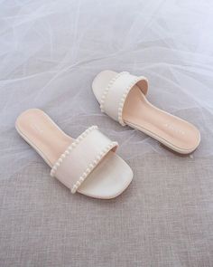 Ivory Satin Slip on Sandals With PEARLS Bridal Sandals - Etsy Summer Flat Heel Bridesmaid Wedding Shoes, Summer Wedding Shoes With Flat Heel For Bridesmaids, Summer Bridesmaid Wedding Shoes With Flat Heel, Flat Summer Wedding Shoes For Bridesmaids, Summer Wedding Shoes With Flat Heel For Prom, Flat Heel Wedding Shoes For Summer Prom, Elegant Cream Flats For Summer, Flat Sandals For Spring Wedding, Summer Bridesmaid Open Toe Sandals