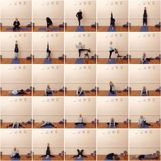 a series of photos showing people doing yoga poses in various positions, including one on the floor