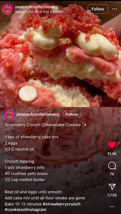 the recipe for strawberry cheesecake cookies is shown with information about how to make it