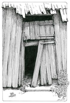 a drawing of an open door to a wooden structure with curtains on the outside and inside