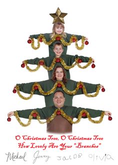 three people in green christmas sweaters are standing on top of each other