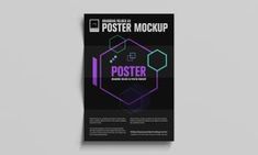 a poster mock up on a grey background with the text poster in purple and black