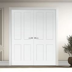 an empty room with two white doors and a potted plant on the floor next to it