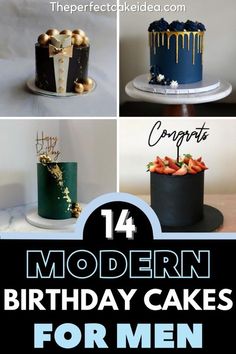 modern birthday cakes for men with gold and blue icing on them, including one that is