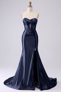 ZAPAKA Sparkly Darrk Navy Prom Dress Mermaid Sweetheart Corset Long Evening Party Dress with Slit Navy Prom Dress, Prom Dresses Long Black, Sweetheart Corset, Navy Prom Dresses, Off Shoulder Evening Dress, Prom Dresses Simple, Mermaid Sweetheart, Simple Prom Dress, Corset Dress Prom