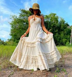 Fitted Off White Bohemian Dresses, Bohemian Off White Dresses For Garden Party, Off White Bohemian Dresses For Garden Party, Bohemian Maxi Beach Gown, Cream Long Bohemian Dress, Bohemian Long Cream Dress, Cream Maxi Length Boho Dress For Festival, Cream Maxi Boho Dress For Festival, Cream Boho Maxi Dress For Festival