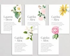 four wedding cards with flowers and greenery on the front, one in pink, one in yellow