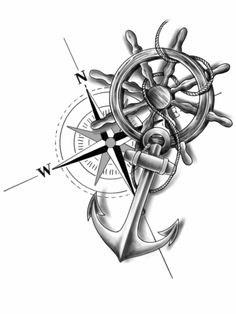 an anchor, steering wheel and compass tattoo design on a white background with watermark