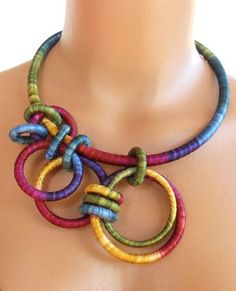 a multicolored necklace is displayed on a mannequin's neckline