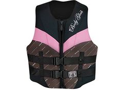 a life jacket with pink and black stripes on the chest, attached to a white background