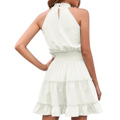 White Sleeveless Layered Ruffled Halter Midi Dress Feminine Sleeveless Halter Dress For Day Out, Solid Color Ruffled Sundress For Vacation, Solid Color Sundress With Ruffles For Vacation, Halter Neck Sleeveless Dress With Ruffles For Day Out, White Halter Dress With Ruffles For Spring, Solid Sleeveless Ruffle Dress, Sleeveless Ruffled Halter Dress For Daytime, Fitted Summer Halter Dress With Ruffles, Sleeveless Ruffled Halter Dress For Day Out