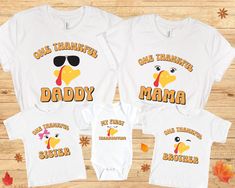 "Looking for matching family shirts to wear this Thanksgiving. These cute shirts are perfect for a matching Mama, Daddy and Baby shirts for a first Thanksgiving dinner. Matching Family Thanksgiving shirts, Turkey shirt, Thankful Mama t-shirt, Thankful Daddy tee, thanksgiving family shirts, thanksgiving gift ⭐️HOW TO ORDER⭐️ Select your quantity of shirts in the specific colour/size and click \"ADD TO BASKET\"   Repeat as needed by returning to the listing button to add more shirts. Proceed to Ch Customizable White T-shirt For Family Gatherings, White T-shirt For Fall Family Matching, Customizable White Tops For Family Gatherings, White Funny Text T-shirt For Fall, Family Thanksgiving Shirts, Thankful Mama, Matching Family Shirts, Turkey Shirts, First Thanksgiving