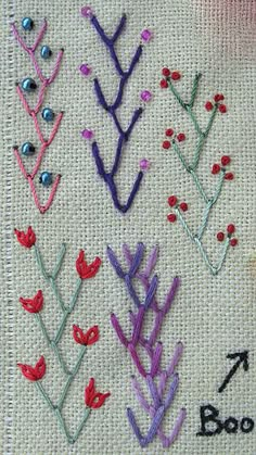 a close up of a cross stitch pattern on a piece of cloth with flowers and leaves