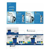 three different packagings for an electric kettle and blender with instructions on how to use it