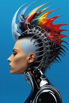 a woman's head with spiked hair and spikes on her head, against a blue background