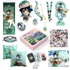 an assortment of anime themed items are displayed on a white background, including necklaces, bracelets, and keychains