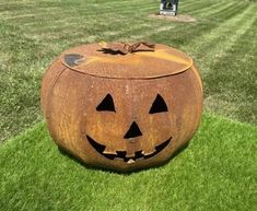 a large pumpkin sitting on top of a lush green field