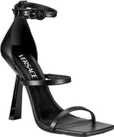 Black Calf Leather Sandals For Party, Luxury Black Sandals With Ankle Strap, Black Calf Leather Evening Sandals, Luxury Black Sandals For Formal Occasions, Luxury Black Formal Sandals, Luxury Black Sandals For Night Out, Luxury Black Sandals With Heel Loop, Versace Safety Pin Heels, Versace Black Safety Pin Dress