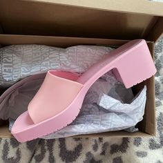 Never Worn, Still In Box. Trendy Low Heel Platform Heels, Trendy Pink Open Heel Block Heels, Trendy Open Heel Pink Block Heels, Trendy Pink High Heel Mules, Pink Open Toe Block Heels, Pink Mules With Platform Block Heel, Pink Platform Mules With Block Heel, Pink Synthetic Mules With Block Heel, Pink Block Heel Mules With Platform