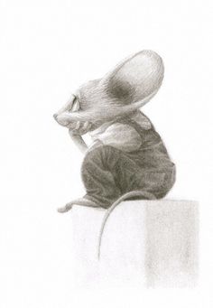 a pencil drawing of a mouse sitting on top of a block with its head down