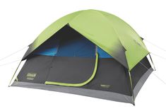 a green and gray tent with the door open