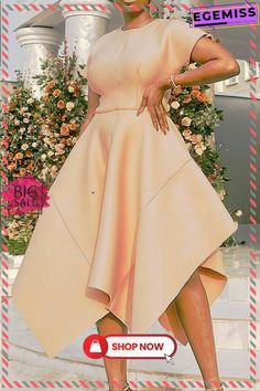 Apricot Pink Fashion Solid Patchwork O Neck Irregular Dress Dresses Beige Asymmetrical Hem Evening Dress, Beige Evening Dress With Asymmetrical Hem, Beige Party Dress Solid Color, Beige Solid Color Party Dress, Beige Asymmetrical Dress For Party, Beige Patchwork Dress For Party, Beige Sleeveless Asymmetrical Party Dress, Midi Length Patchwork Dress For Party, Asymmetrical Beige Midi Party Dress