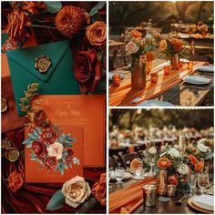 an orange and green wedding theme with flowers, candles, and envelopes on the table