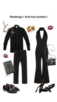 a woman's black outfit with accessories including shoes and purse