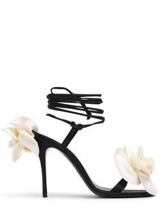 105mm Heel. Satin upper. Wraparound self-tie ankle laces. Satin flower appliqués. Leather lining and insole. Leather sole Versace Bag, Main 1, Latest Sandal, Tie Sandals, Flower Sandals, Ski Accessories, Magda Butrym, Satin Flowers, Suede Sandals