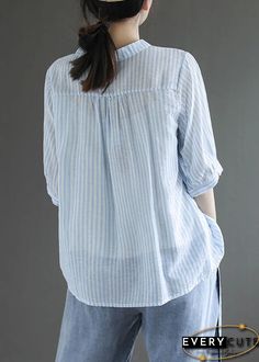 Blue Striped Cotton Shirt Top O-Neck Oversized Half Sleeve Round Neck Blouse, Half Sleeve Tops, Loose Shirts, Streetwear Y2k, Casual Streetwear, Summer Cotton, Vintage Cotton, Half Sleeve, Shirt Top