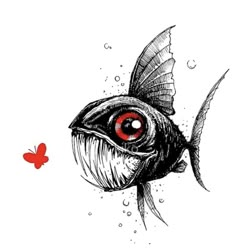 a drawing of a fish with red eyes and a butterfly on it's back