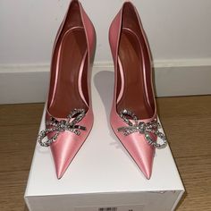 100% Authentic New With Box Amina Muaddi Rosie 95mm Heels Size 39. The Color Is Absolutely Stunning. Satin Finish. Lace Up Sandal Heels, Amina Muaddi Heels, Amina Muaddi Shoes, Butterfly Heels, Crystal Pumps, High Heels Classy, Amina Muaddi, Satin Heels, Wedge Heel Sandals