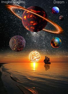 an artist's rendering of planets floating in the sky with their reflection on the water