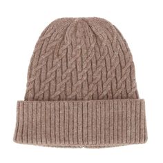 the cable knit beanie is made from wool and features a thick, ribbed pattern