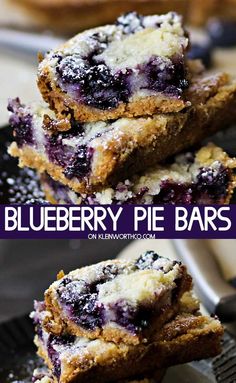 blueberry pie bars stacked on top of each other with the words, blueberry pie bars