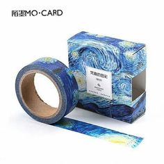 a roll of blue tape with the painting starr's night on it next to a box