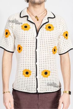 Merladesigns Unisex Sunflower Shirt, Summer Mens Flower Shirt, Crochet Unisex Shirt, Crochet Shirt, Crochet Shirt for Men, Beach Shirt - Etsy Turkey Summer Crochet Short Sleeve Shirt, Short Sleeve Crochet Shirt For Summer, Band Au, Shirt Crochet, Crochet Men, Sunflower Shirt, Summer Mens, Shirt Blouses Women's, Crochet Coat