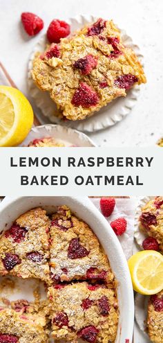 lemon raspberry baked oatmeal in a white bowl