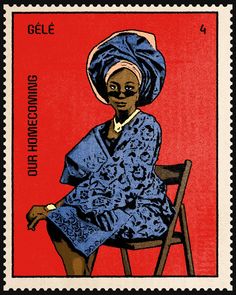 a postage stamp with an image of a woman sitting on a chair in front of a red background