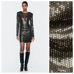 Nwt. Zara Black/Golden Sequined Short Dress With A Round Neck, Long Sleeves And Padded Shoulders. Contrast Fabric Detail On The Front And Gathered Sides. Back Zip Fastening. Size M, L. Ref. 0387/173. Size M - Pit To Pit 14,5" Flat, Shoulders 15", Sleeves 24,5", Waist 13", Length 34". Size L - Pit To Pit 15,5" Flat, Shoulders 15,5", Sleeves 24,5", Waist 14", Length 34". 1006 Zara Stretch Mini Dress For Fall, Zara Mini Dress For Fall Party, Zara Mini Dress For Night Out In Winter, Zara Cocktail Mini Dress For Winter, Zara Fitted Dress For Fall, Black Sequined Dresses For Fall, Fall Sequin Bodycon Dress, Fitted Zara Dresses For Fall, Zara Fall Party Mini Dress